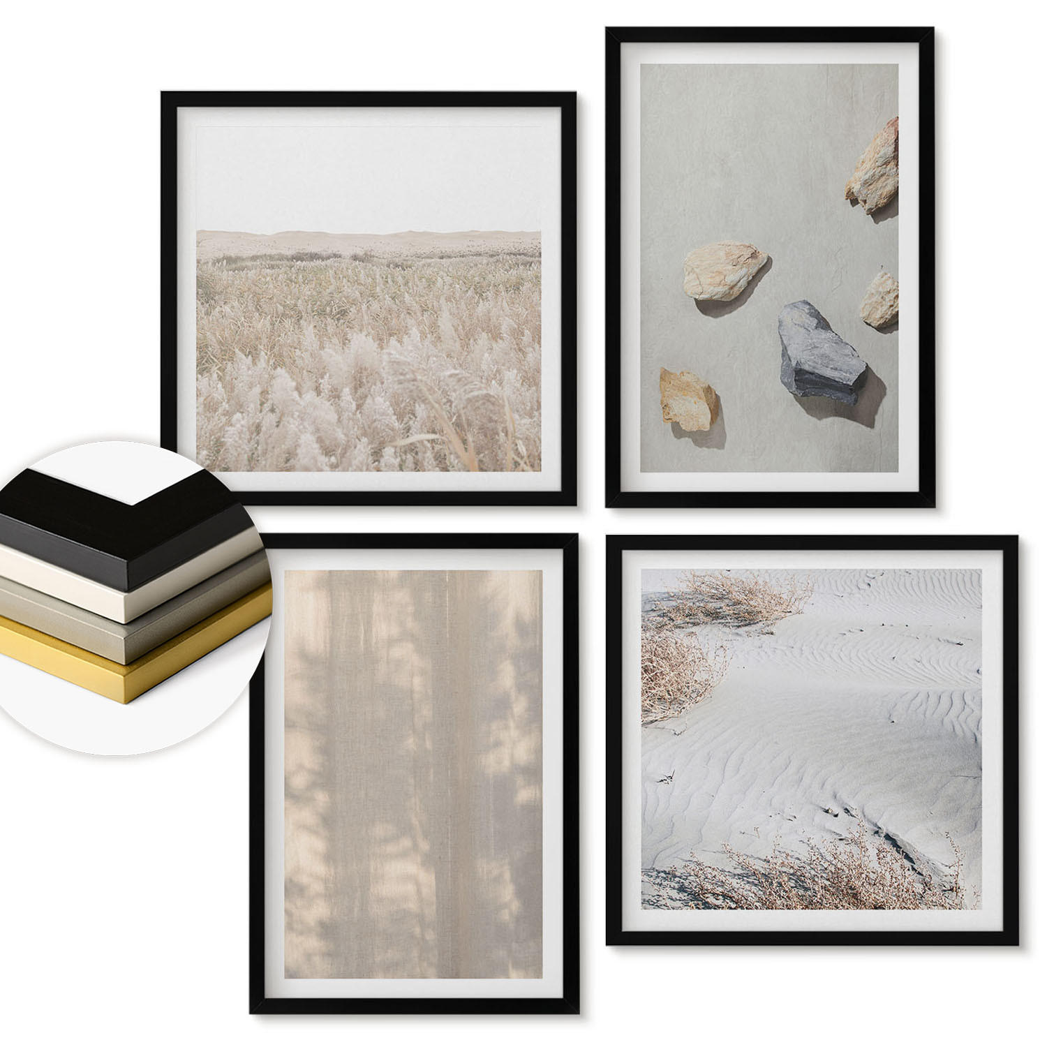 WANDBILDER 4er-Set - 50x50 cm & 40x60 cm Schwarzer Rahmen - Boho-Naturtexturen - Schwarz, Kunststoff (50/50cm) - ArtPrintCave