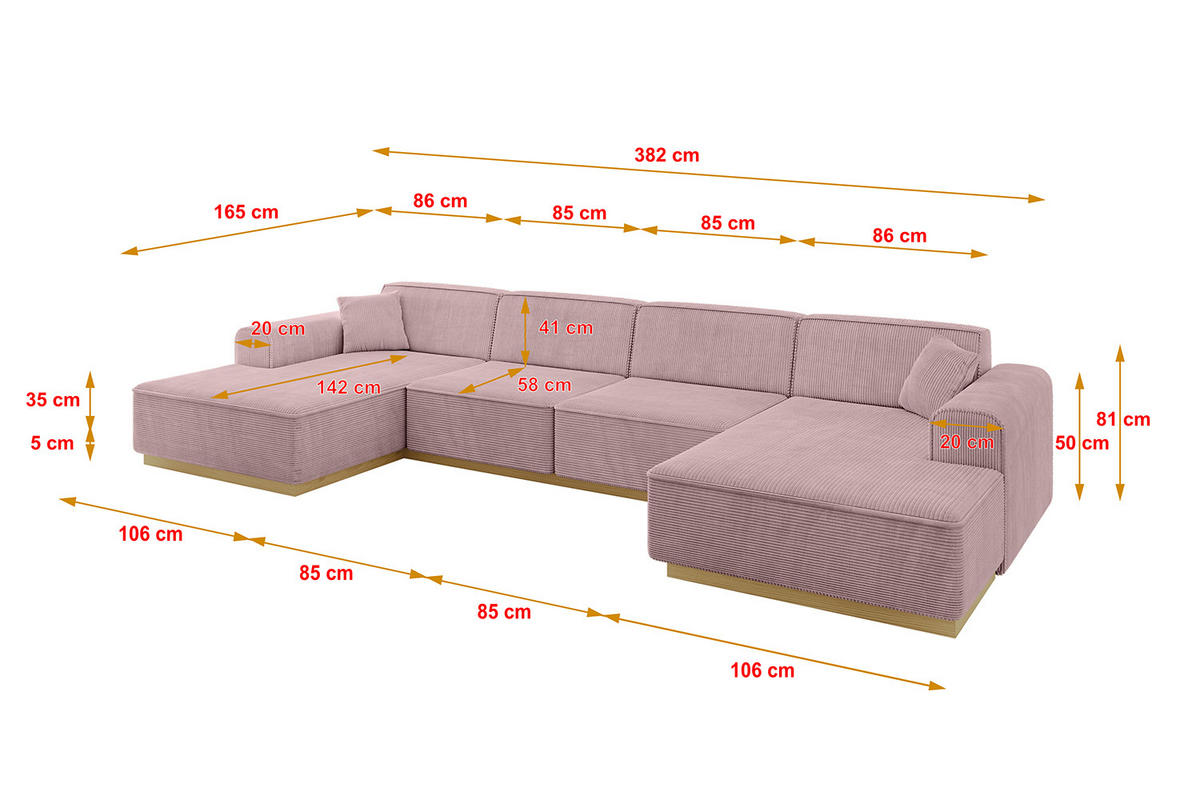 WOHNLANDSCHAFT IREA-U2-v2 - 382x165x81 cm Rosa - Rosa, Holzwerkstoff/Textil (382/81/165cm) - ALTDECOR