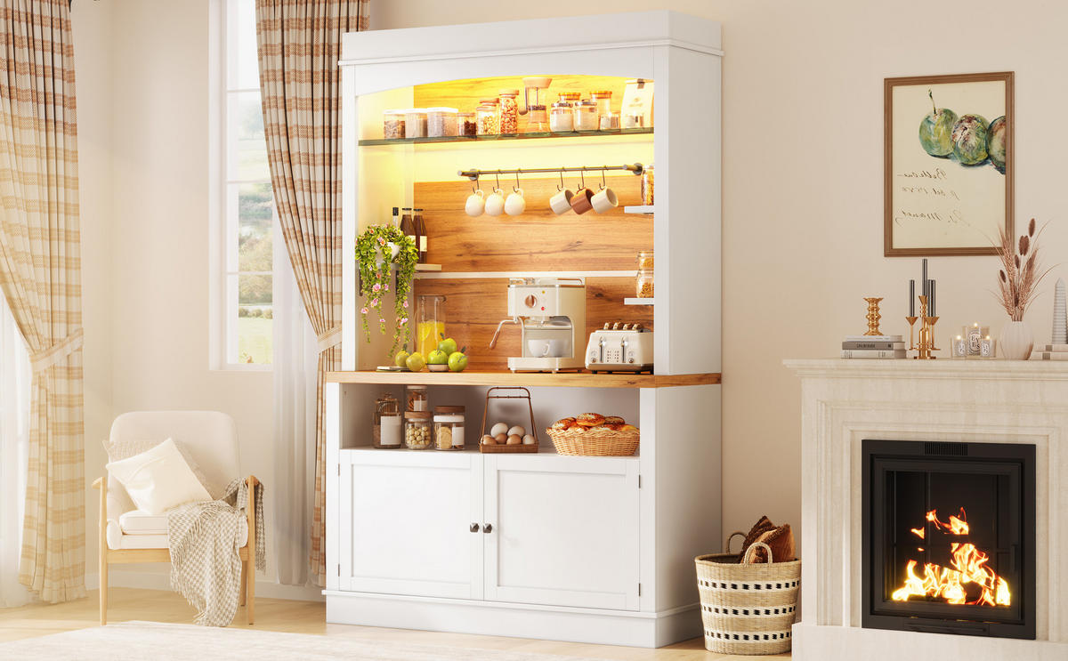 KÜCHENSCHRANK 107x34x184 cm, LED-Beleuchtung, 6 Haken, Glasboden, Weiß - Weiß, Holzwerkstoff (107/184/34cm) - FOHERE