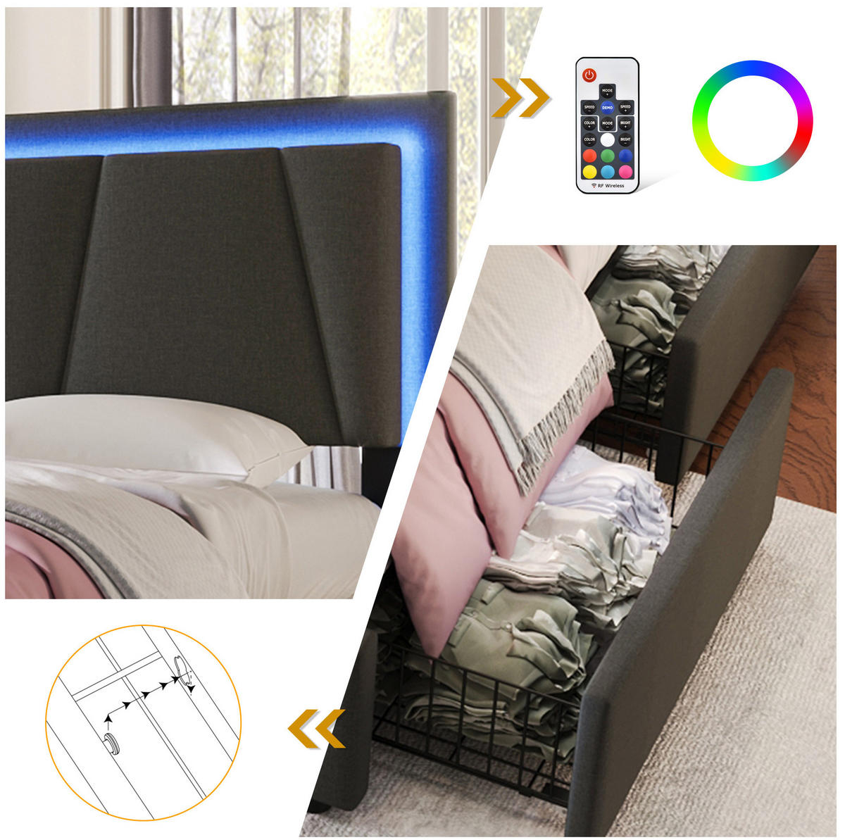 POLSTERBETT 90/200 cm Grau aus Holz mit LED-Beleuchtung - Grau, Holz (90/200cm) - OKMYHOME