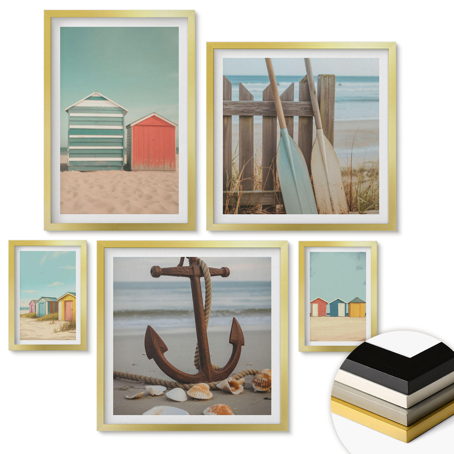 WANDBILDER 5er Set - 50x50 cm & 20x30 cm & 40x60 cm Goldrahmen - Bunte Häuser, Strand, Sonne - Goldfarben, Kunststoff (40/60cm) - ArtPrintCave