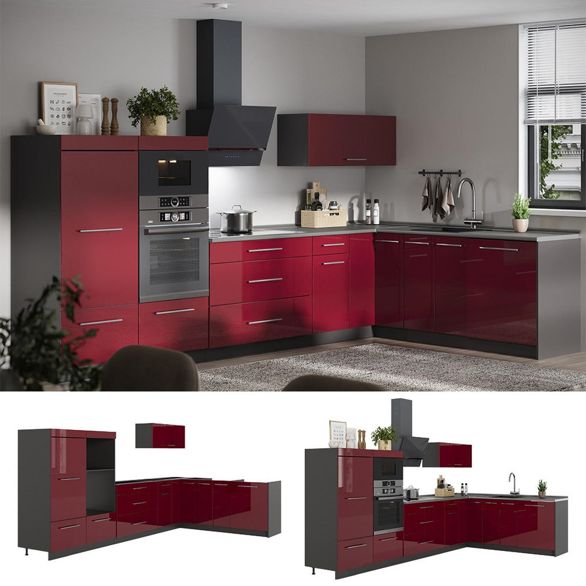 KUHINJA U OBLIKU SLOVA L Fame-Line, Bordo visokog sjaja/Antracit, 347 x 207 cm, RP Hrast - bordo/antracit, drvni materijal (347/153.6/60cm) - Vicco