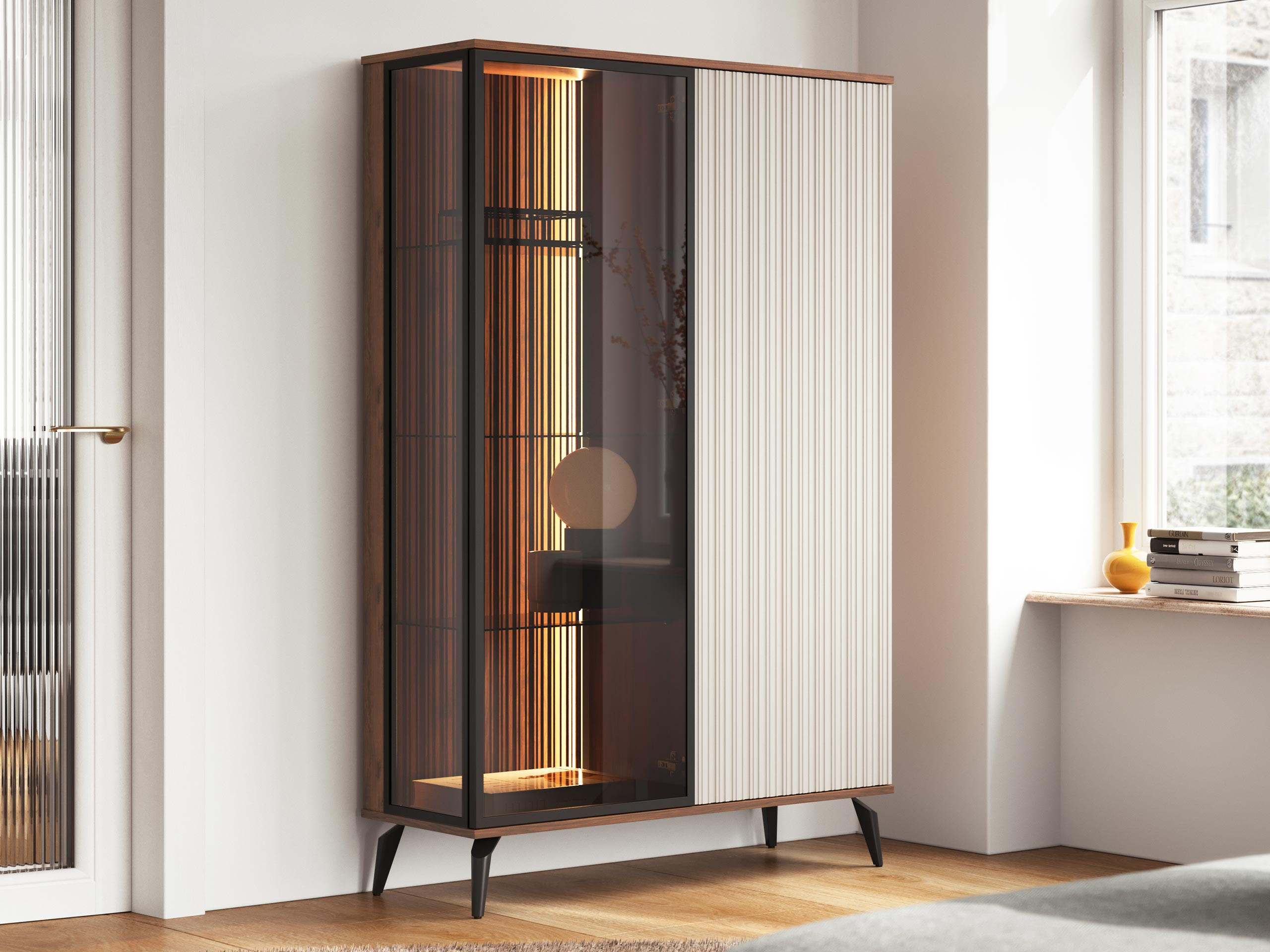 VITRINE Vici WIT103 - Kaschmir/Schwarz, Holzwerkstoff/Metall (130/162/39cm) - MIRJAN24