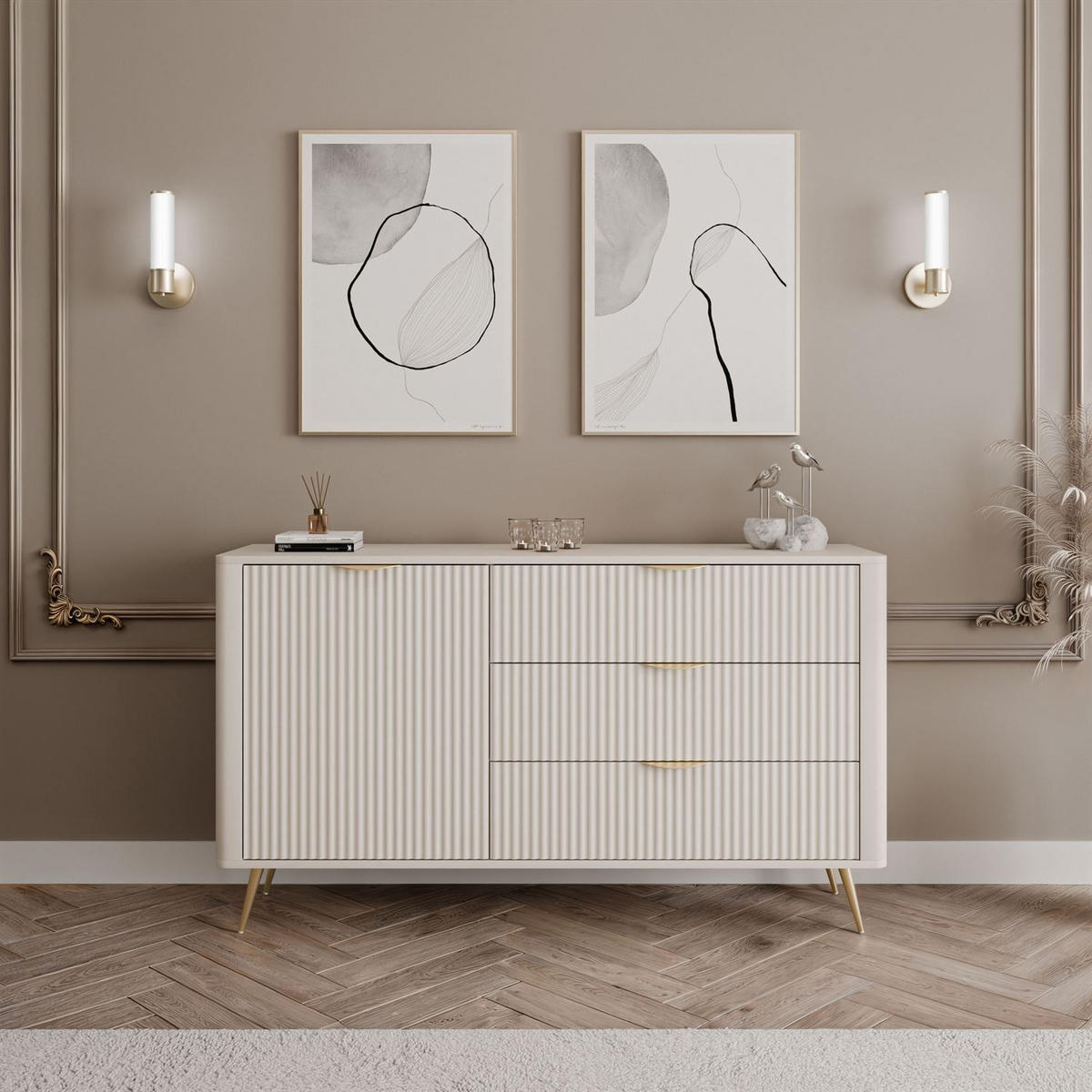 SIDEBOARD SCARLETT 138 1D3S MIT SCHUBLADEN BEIGE + GOLD - Beige, Holzwerkstoff (138/81/38cm) - Lookway