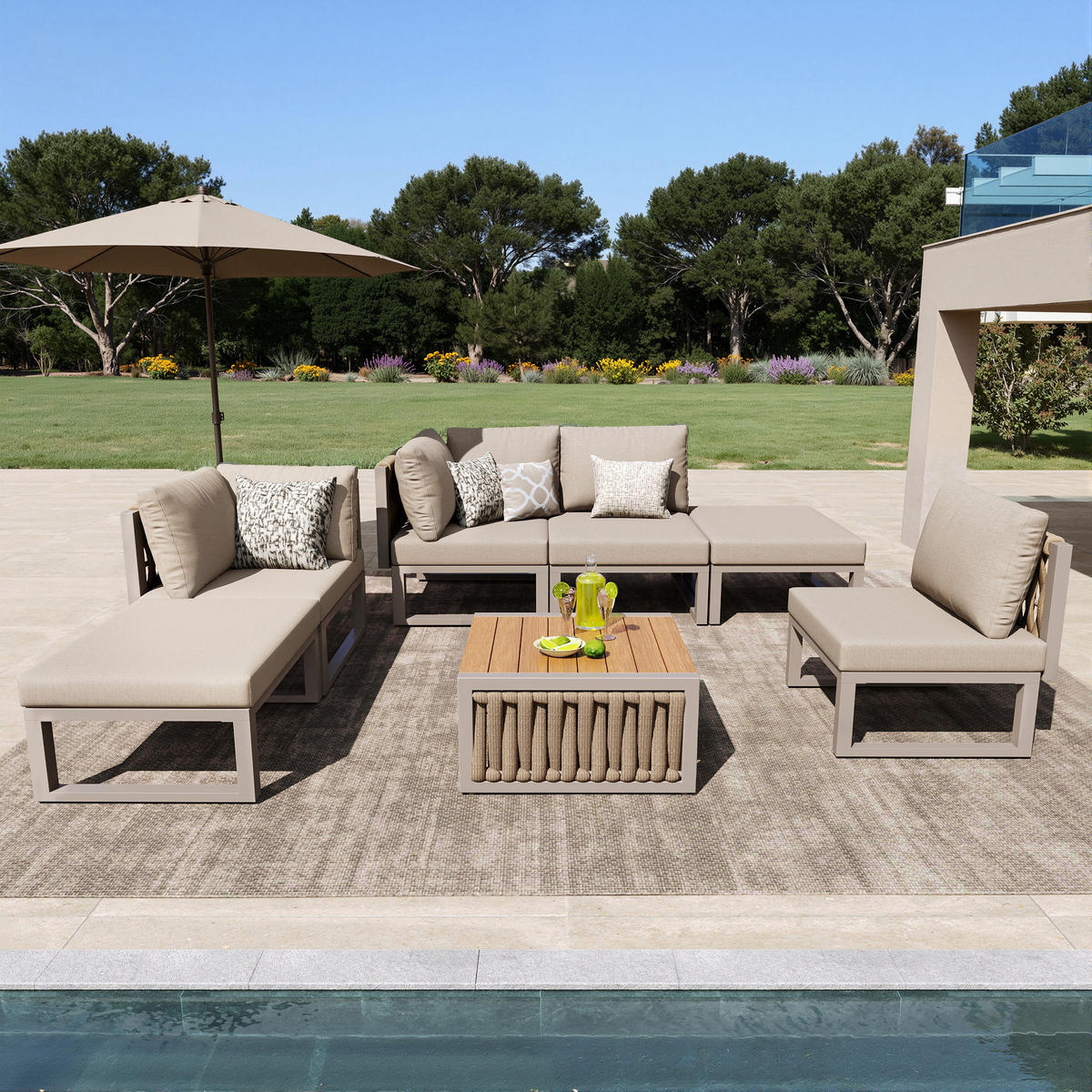 GARTEN-LOUNGE-SET mit verstellbaren Rückenlehnen & Tisch, 54/49/83 cm, Beige - Beige, Metall - Redom