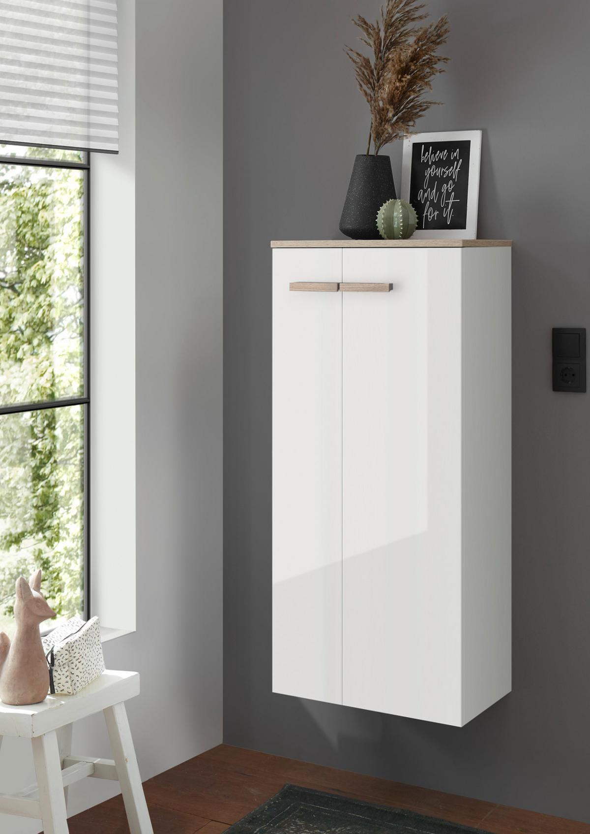BAD-KOMMODE weiß Lack Hochglanz, Eiche, Midischrank hängend, stehend 51 x 110 cm - Weiß Hochglanz/Eichefarben, Holzwerkstoff/Kunststoff (51/115/30cm) - Furn.Design