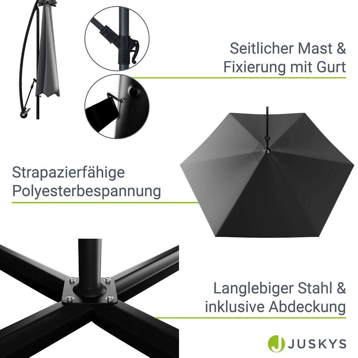 AMPELSCHIRM Brazil dunkelgrau 3,5m mit LED, Kurbel und Standfuß - Dunkelgrau, Metall (330/330cm) - Juskys
