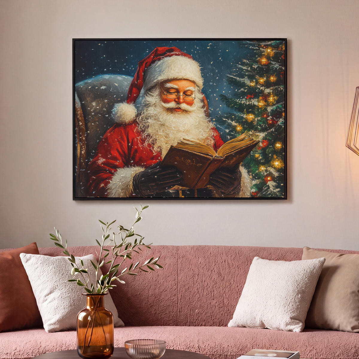 LEINWAND Bilder mit Rahmen - Weihnachtsmann - Weihnachten - Winter - Weihnachtsbaum - 100x70 - Bordeaux, Textil (100/70cm) - MuchoWow
