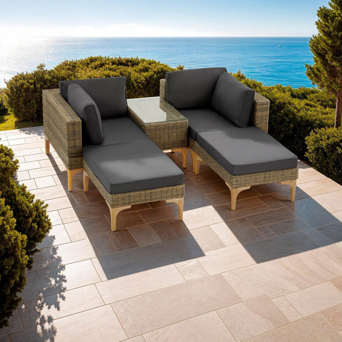 RATTANLOUNGE Bellaria,mit Sicherheitsglasplatte,natur - Naturfarben, Kunststoff/Metall - tectake