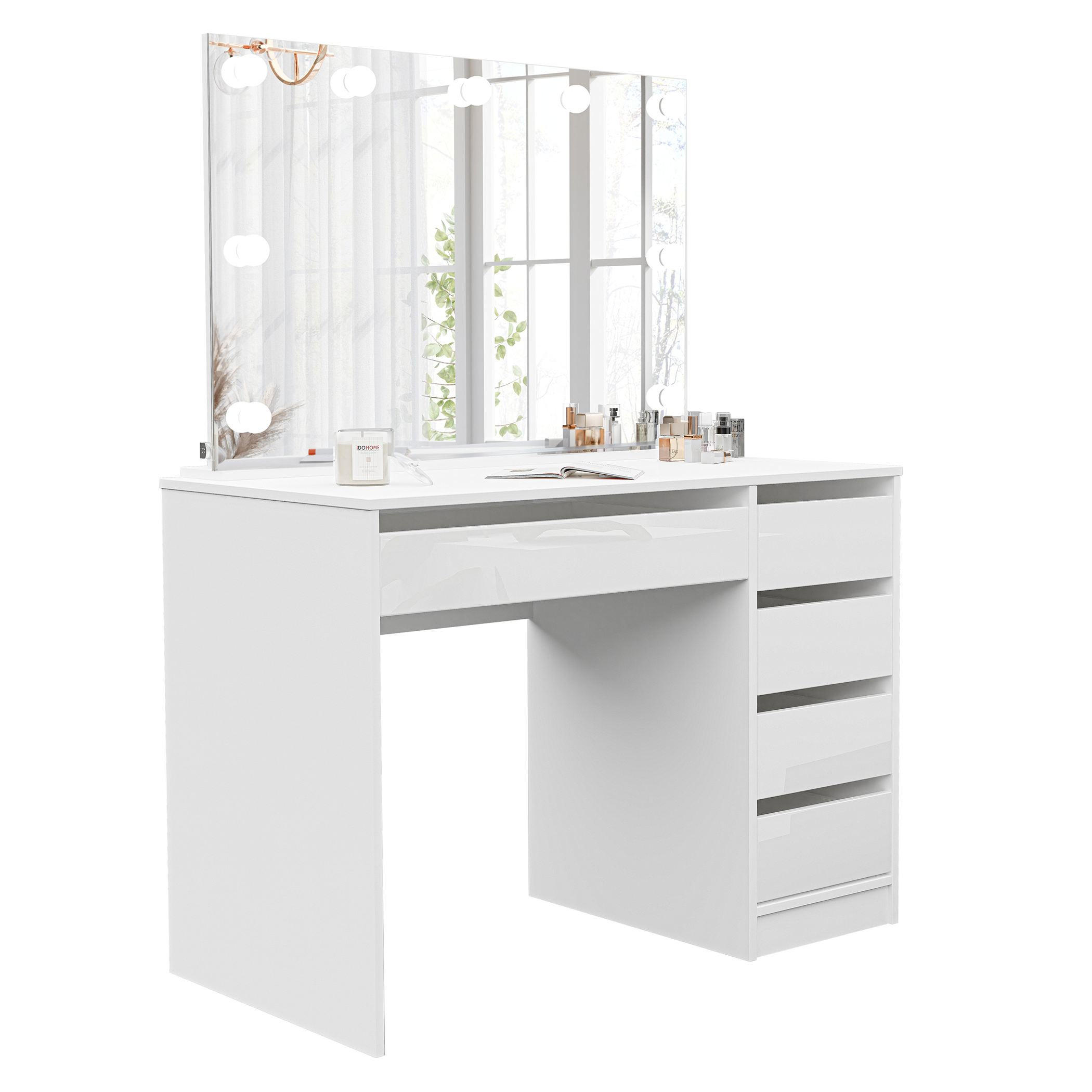 SCHMINKTISCH Bella Weiß Hochglanz 110 cm mit Spiegel und LED Beleuchtung - Weiß Hochglanz, Holzwerkstoff (110/77/55cm) - Idohome