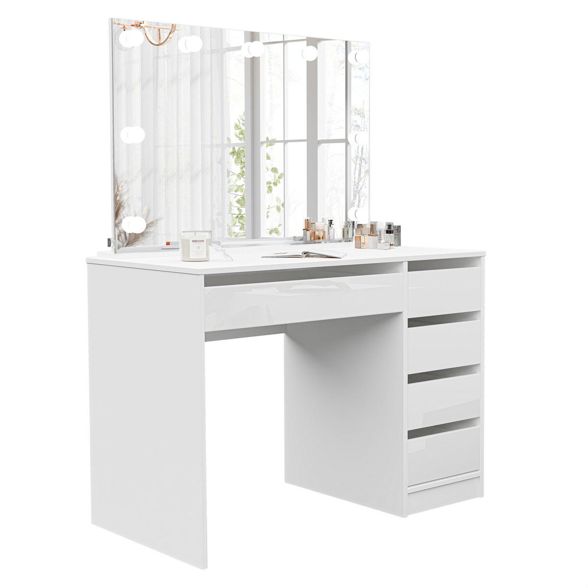 SCHMINKTISCH Bella Weiß Hochglanz 110 cm mit Spiegel und LED Beleuchtung - Weiß Hochglanz, Holzwerkstoff (110/77/55cm) - Idohome