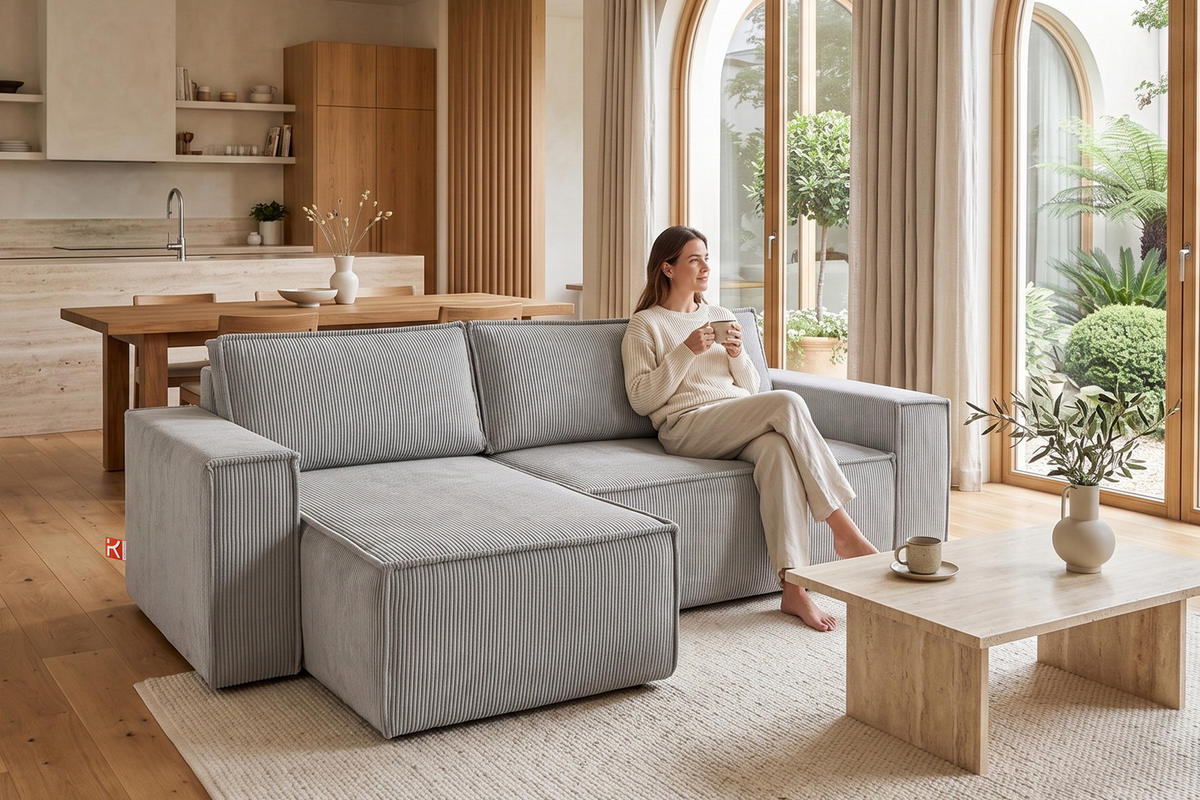 ECKSOFA-LINKS/RECHTS NAPI Schlaffunktion mit Cordbezug, hellgrau - Hellgrau/Schwarz, Textil (262/148cm) - KONSIMO®