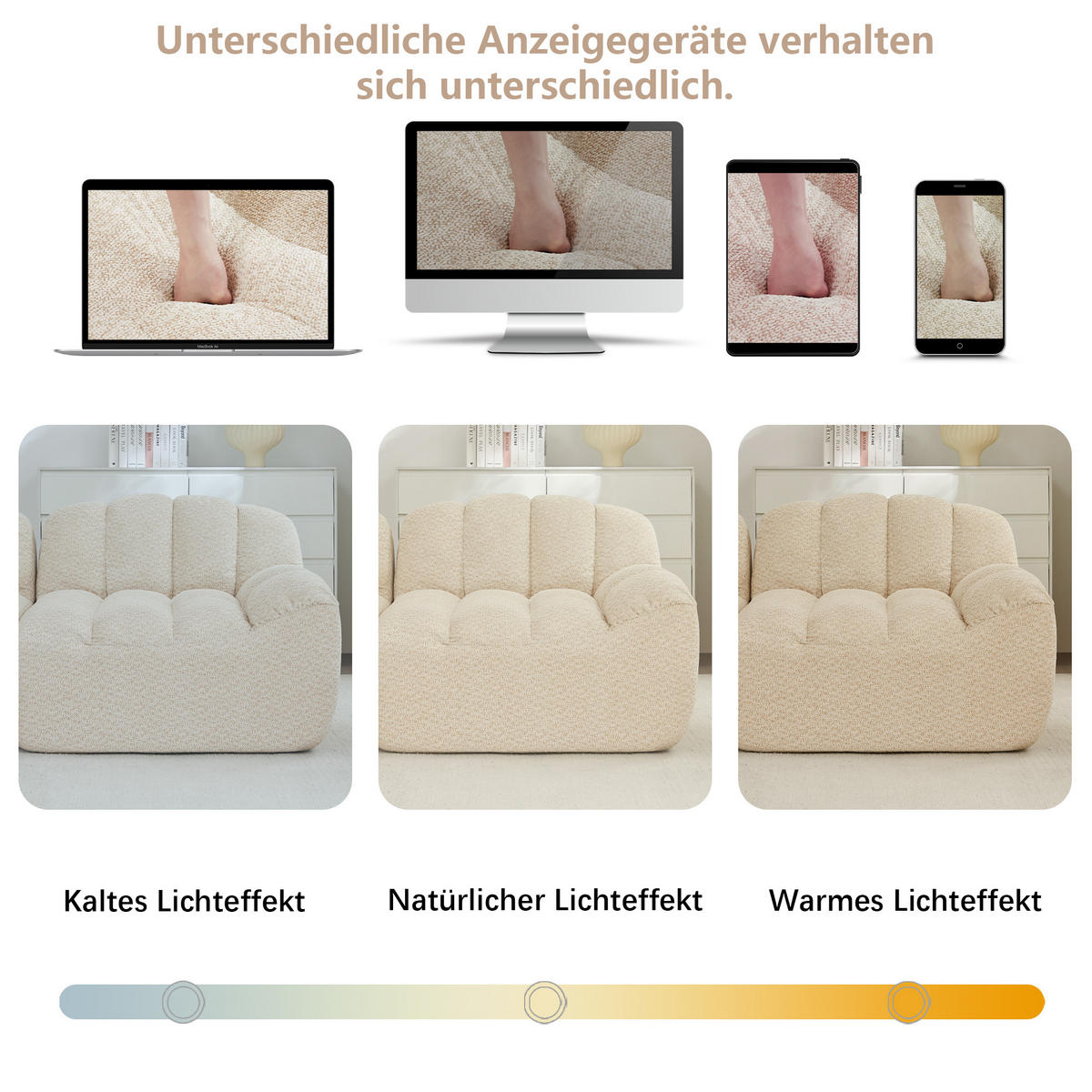 3-SITZER SOFA aus granuliertem Fleece, frameless Lounge-Design ohne Montage - Creme, Textil (288/79/104cm) - Urban Meuble