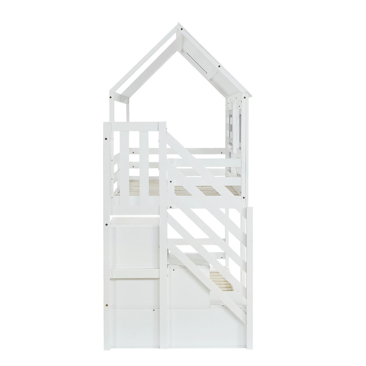 ETAGENBETT Kinder 90x200 Weiß+Grau mit Dach, Fenster und Stauraumtreppe - Weiß, Holz (90/200cm) - ComfortXL