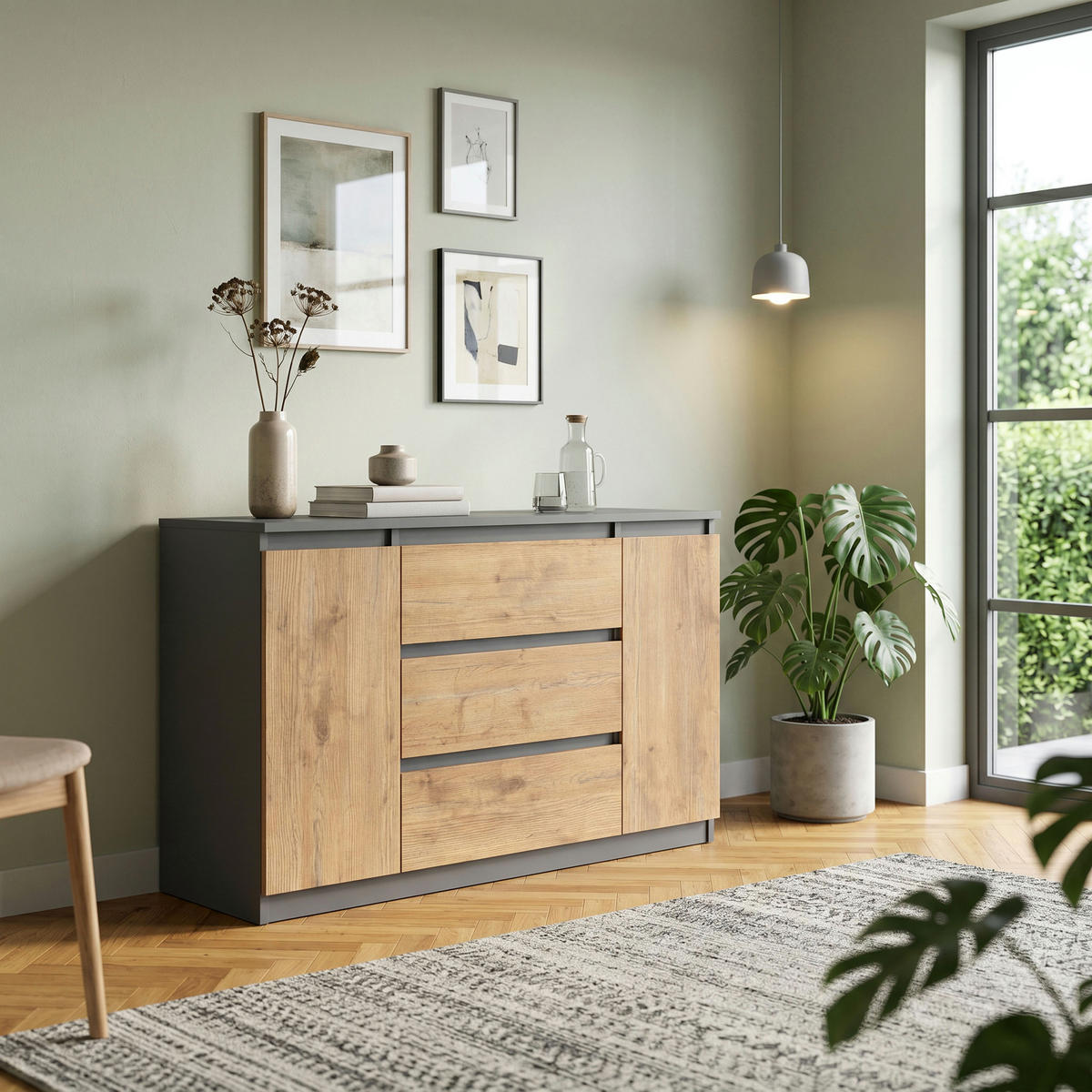 KOMMODE NUDO 120/78,5/39cm mit 3 Schubladen 2 Türen Anthrazit - Eichefarben/Anthrazit, Holzwerkstoff (120/78.5/39cm) - MASSENO