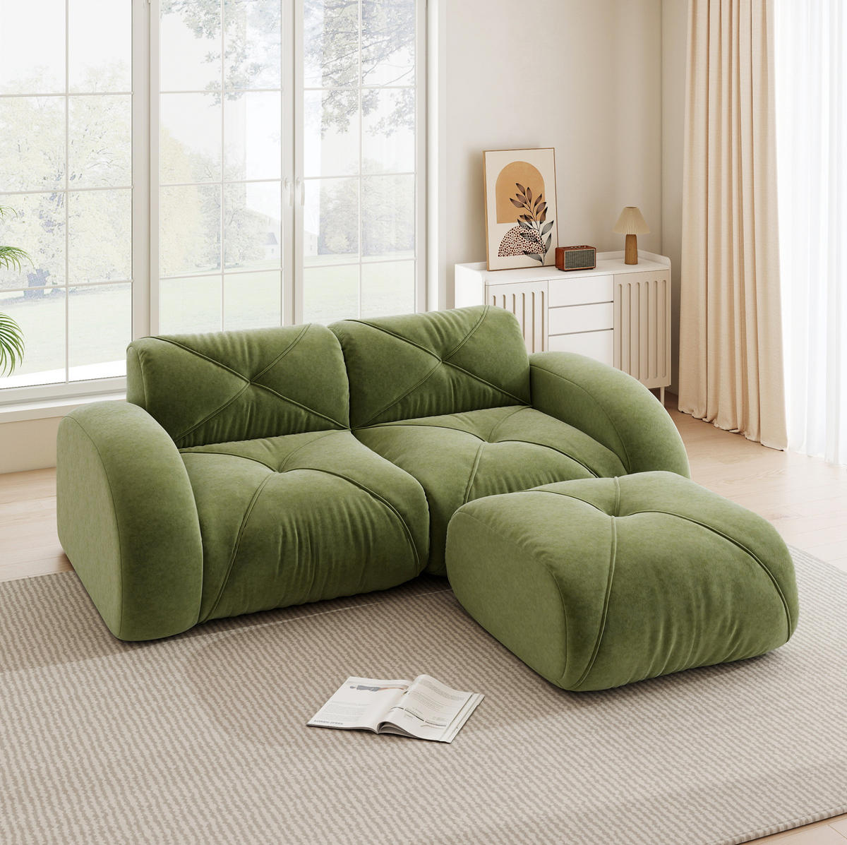 ECKSOFA 204/171/76 cm in Grün aus Chenille mit Hocker - Grün, Textil (171/204cm) - Flora Grace
