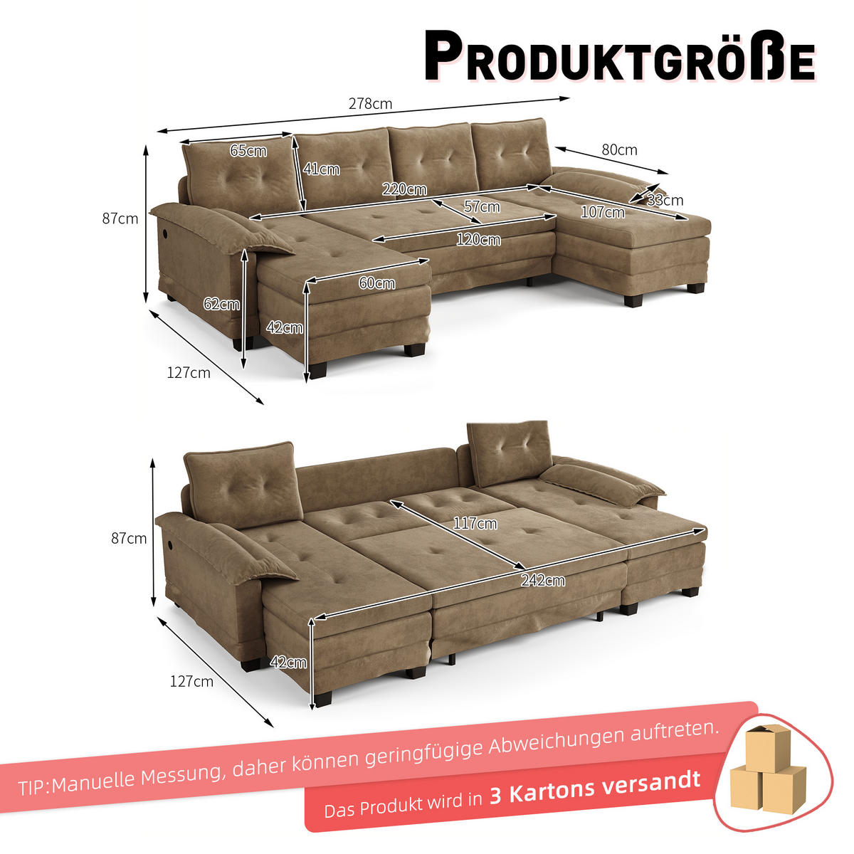 WOHNLANDSCHAFT Khaki 278/127/87 cm 4-Sitzer Modular mit USB-Ladefunktion - Sahara, Textil (278/87/127cm) - PANGIVO