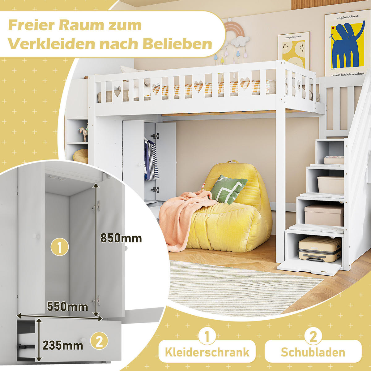 HOCHBETT 90/200 cm mit Stauraumleiter, Regalen, klappbarem Stauschrank und herzförmigem Geländer, Weiß - Weiß, Holzwerkstoff (90/200cm) - Redom