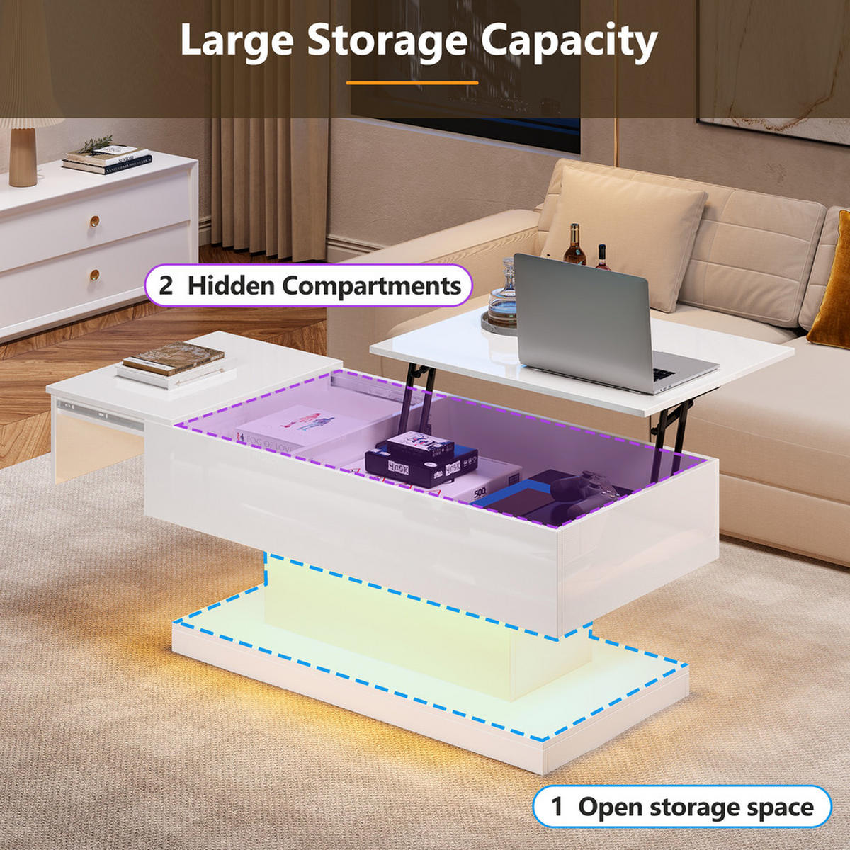COUCHTISCH 100x50cm Weiß Hochglanz LED Hydraulik Lift Verschiebbar - Weiß, Holz (109.75/59.66/14.5cm) - FLIEKS