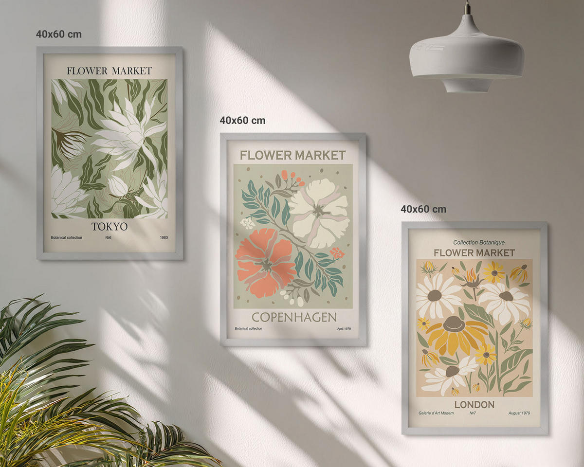 WANDBILDER 3er Set - 40x60 cm Silberner Rahmen - Blumenmotive aus Städten auf der ganzen Welt - Silberfarben, Kunststoff (40/60cm) - ArtPrintCave