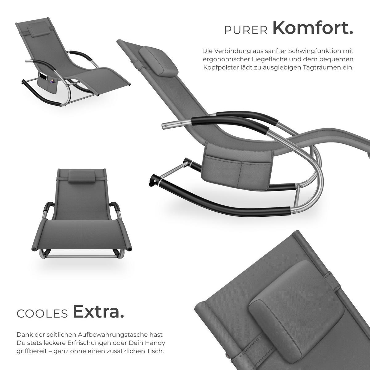 GARTENLIEGE Taya, abnehmbares Kopfpolster, seitliche Aufbewahrungstasche, grau - Grau, Kunststoff (62/92/142cm) - tectake