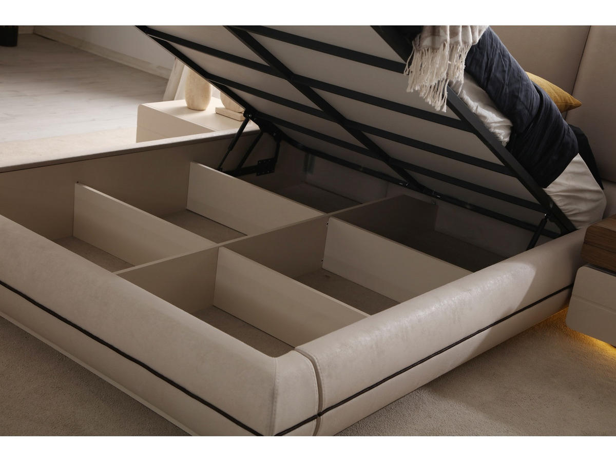 BETTANLAGE Valenica Typ-1 Bett mit Kopfteil 2 Nachttischen Kommode und Kleiderschrank - Beige, Holzwerkstoff (160/200cm)