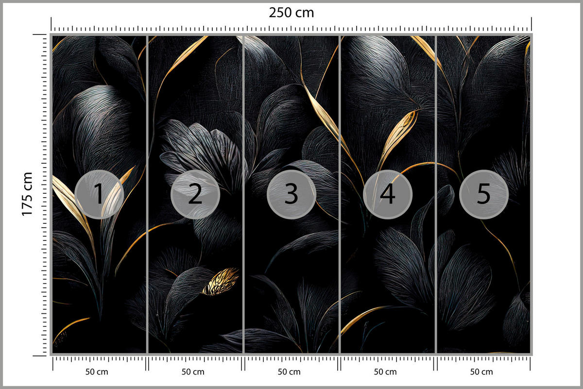 FOTOTAPETE für Wohnzimmer Schwarze Blätter Gold Luxus 250x175 - Goldfarben/Schwarz, Papier (250/175cm) - Muralo