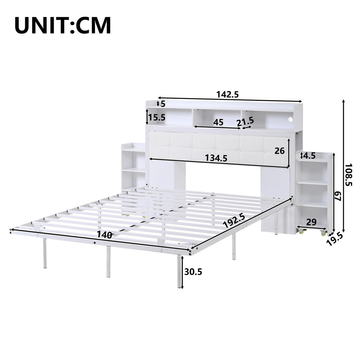 POLSTERBETT 140/190 cm mit LED, USB-/USB-C-Ladestation und 2 ausziehbaren Nachttischen, Weiß - Weiß, Metall (140/190cm) - Redom