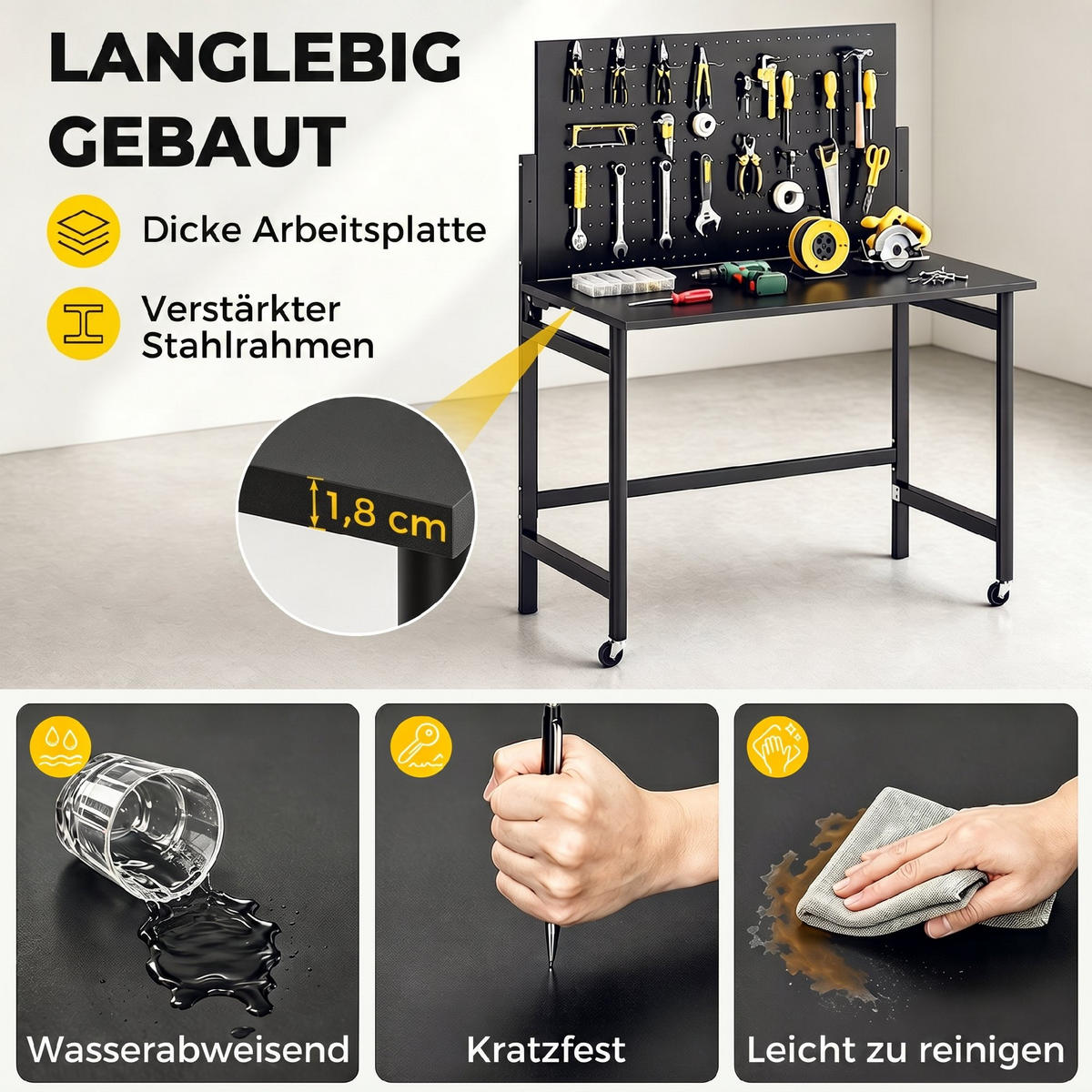 WERKBANK MDF Schwarz - Schwarz, Metall (62/143.5/115cm) - HOMCOM