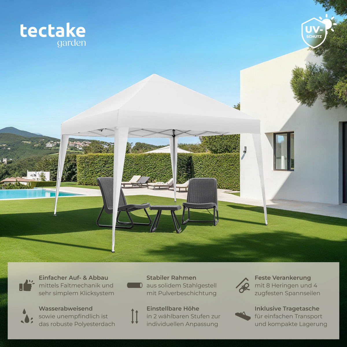 PAVILLON Linosa,inklusive Spannseile, Heringe und Tragetasche,weiß - Weiß, Kunststoff (300/255/300cm) - tectake