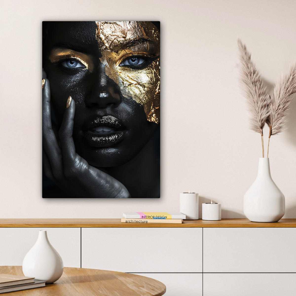 LEINWANDBILD Frau - Gold - Porträt - Schwarz-Weiß - Luxus 40x60 cm - Hellblau, Textil (40/60cm) - MuchoWow