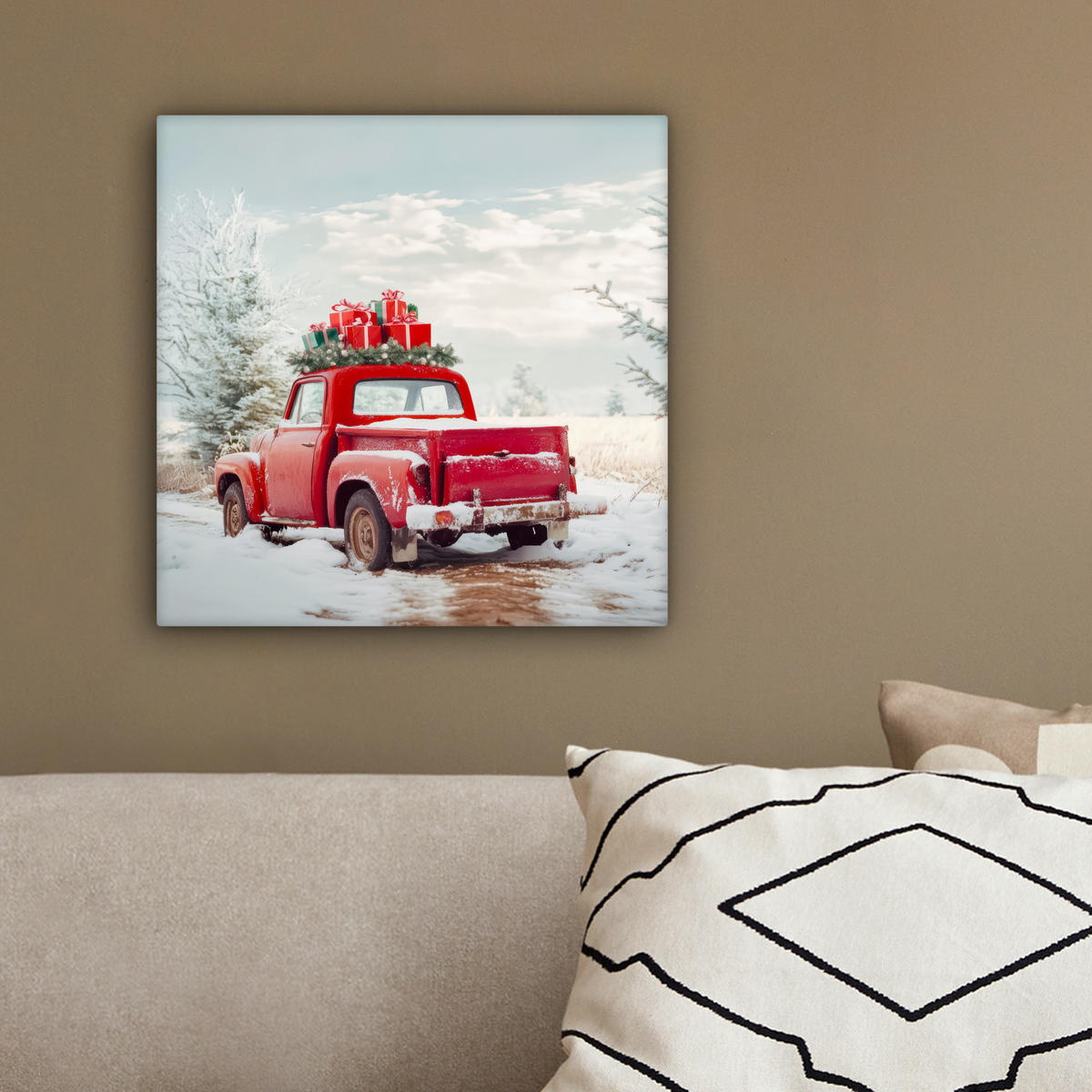 LEINWANDBILD Auto - Rot - Geschenke - Winter - Schnee - Weihnachten 20x20 cm - Rot, Textil (20/20cm) - MuchoWow