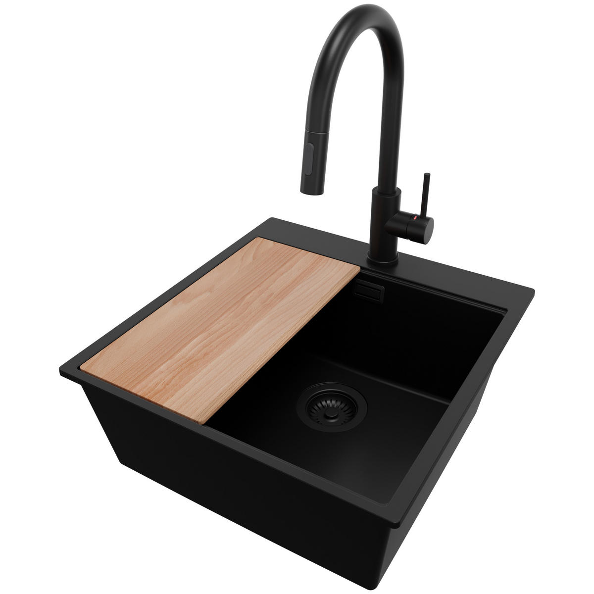 GRANITSPÜLE Oslo, 2-er set Alles Schwarz 48/50 cm 1 Becken + Küchenarmatur 40/20 cm + Ablauf-Set + Schneidebrett ab 50er Unterschrank - Beige/Schwarz, Kunststoff (48/20/50cm) - Primagran