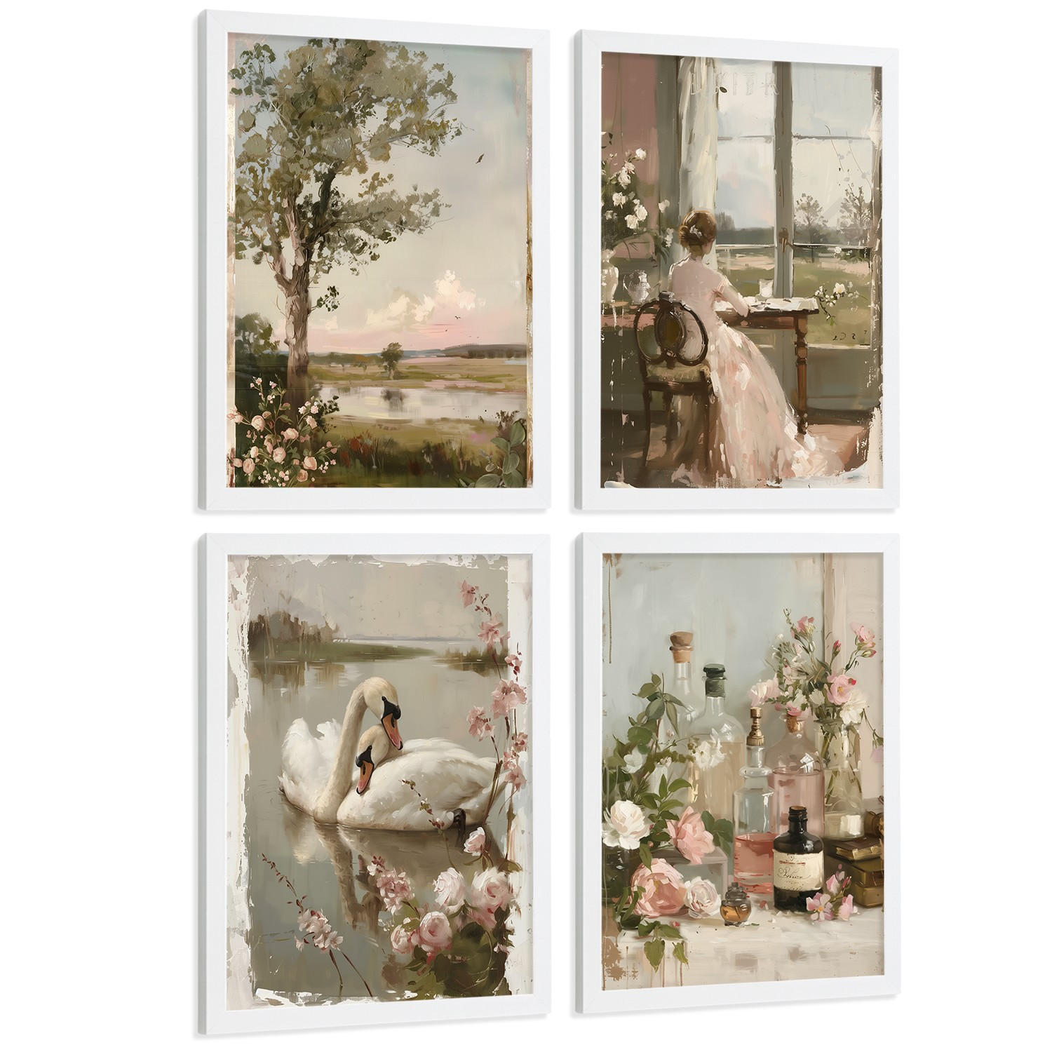 POSTER 4er Bilder-Set Wandbilder Rosen Ölmalerei modern Wohnzimmer Deko, Schlafzimmer, Küche, Badezimmer Weißer Rahmen A4 - Weiß, Papier (29.7/1/21cm) - Nacnic