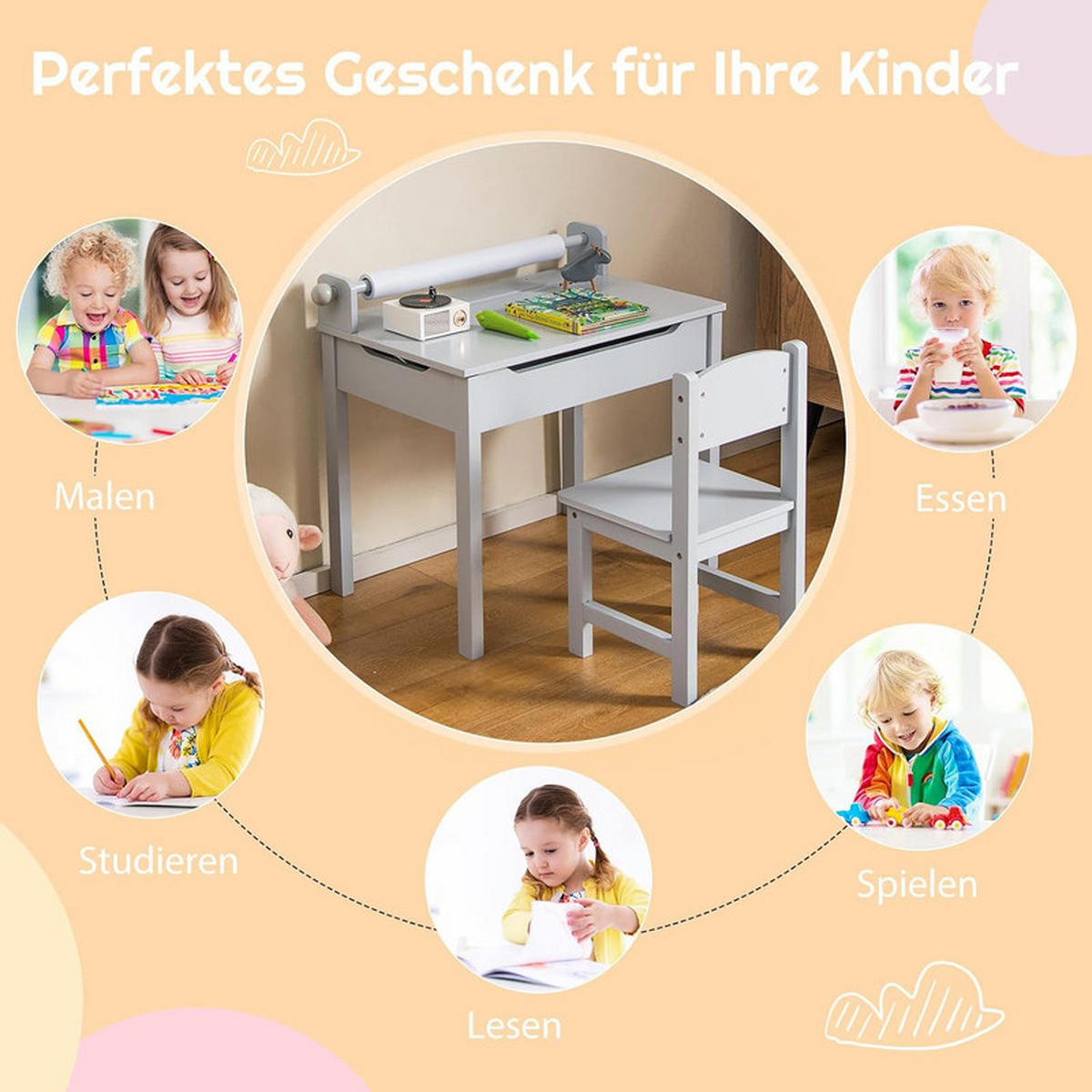 KINDERSCHREIBTISCH mit Stuhl grau(2-tlg) - Grau, Holzwerkstoff (66/58/40cm) - COSTWAY