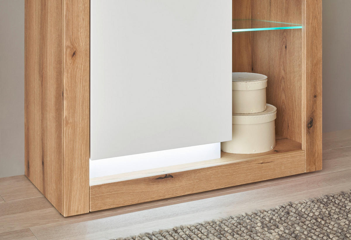 VITRINE weiß matt, Evoke Eiche, Vitrinenschrank 80 x 195 cm - Eichefarben/Silberfarben, Glas/Holzwerkstoff (80/195/37cm) - Furn.Design