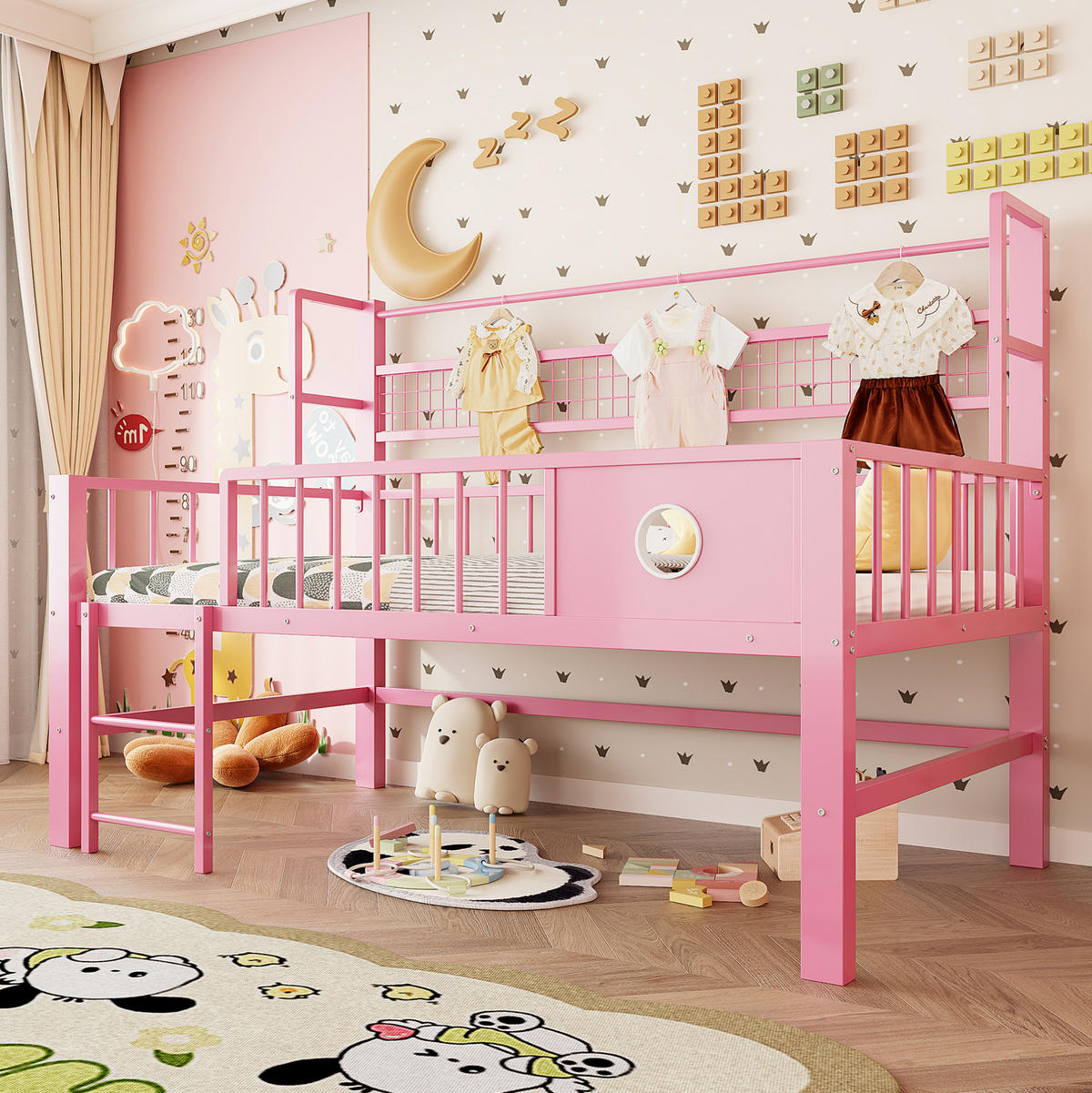 KINDERBETT 90/200 cm aus Metall in Rosa mit Stauraum und Kleiderstange - Rosa, Metall (90/200cm) - Flora Grace