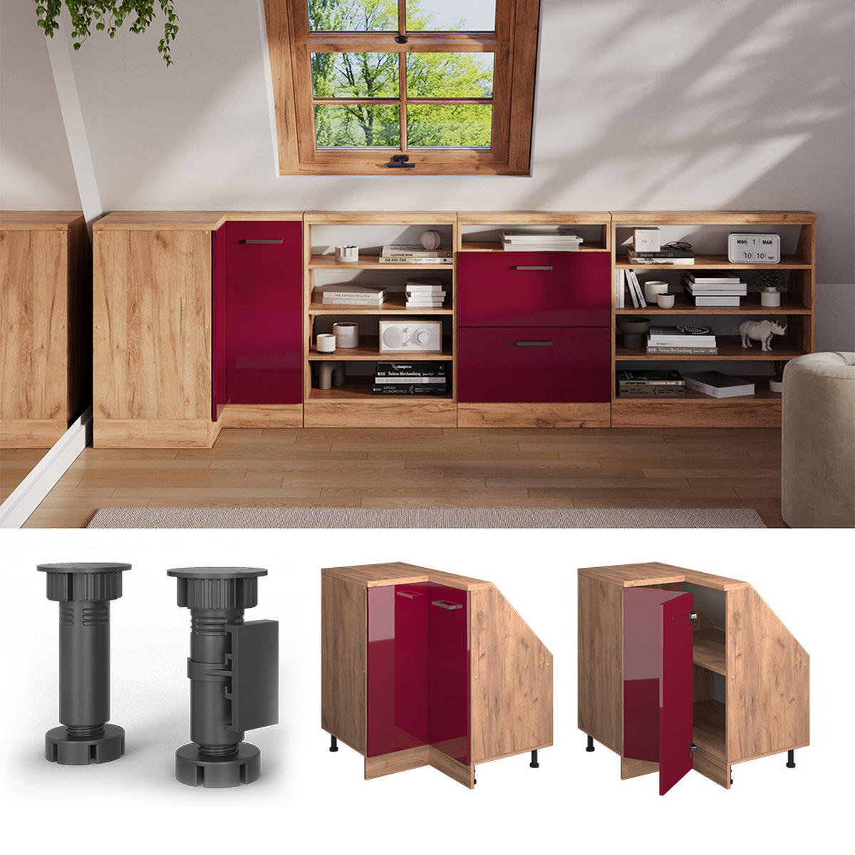 DACHSCHRÄGENSCHRANK ECKSCHRANK Rion Rot Hochglanz/Goldkraft Eiche 75.6 x 81.6 cm mit 1 Tür - Honigeiche/Rot, Holzwerkstoff (75.6/81.6/75.6cm) - Vicco