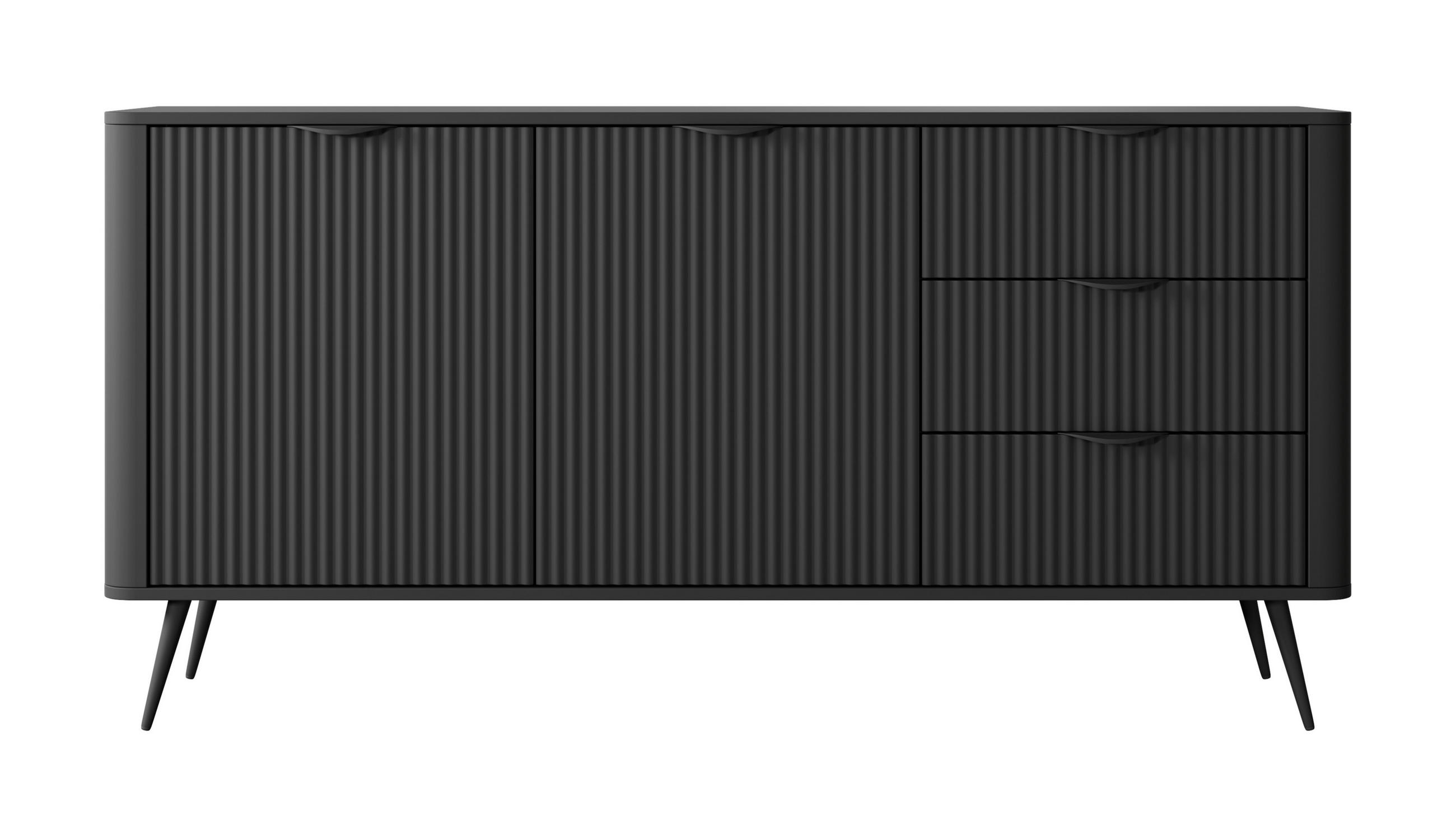 SIDEBOARD Vespasia 2T 3S Schwarz 163,2/81,2/38 cm – Geriffelten Fronten - Schwarz, Holzwerkstoff/Metall (163.2/81.2/38cm) - AX Living