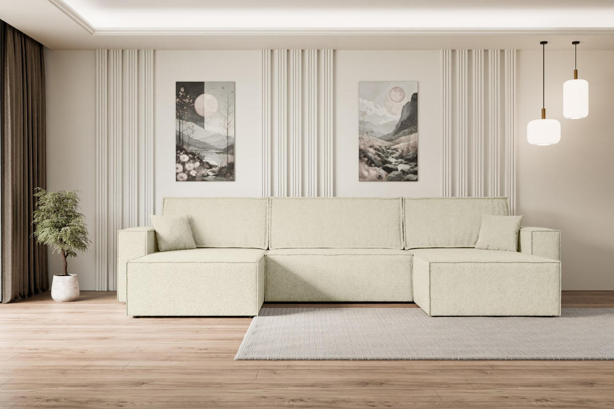 WOHNLANDSCHAFT mit Schlaffunktion und Bettkasten CELTIC-XLU - 377x143x83 cm Beige Bouclé - Beige/Schwarz, Holzwerkstoff/Kunststoff (377/83/143cm) - ALTDECOR