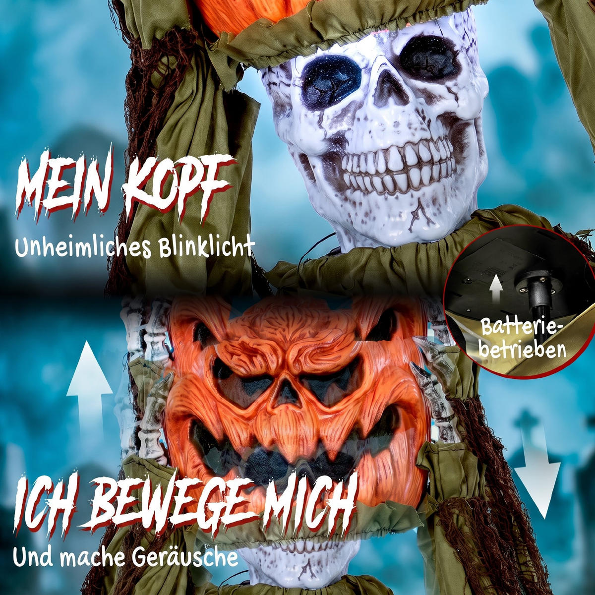 HALLOWEENDEKO DE-42108 Pop-up-Kürbis-Skelett 173 cm mit LED und Sound - Dunkelgrün, Metall (50/173/20cm) - ComfortXL