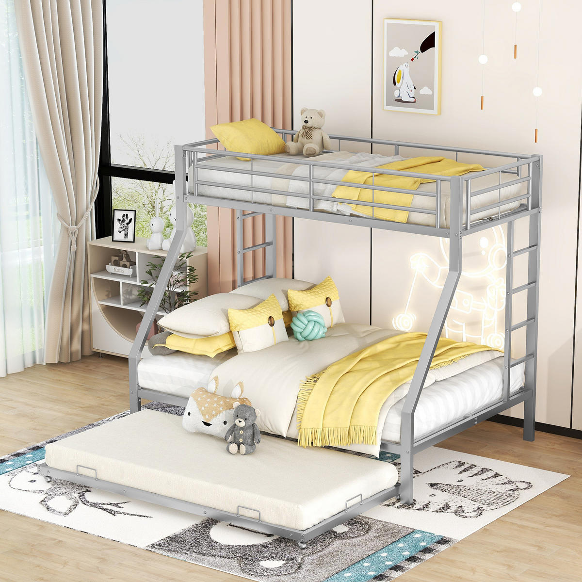 ETAGENBETT 90/200 & 140/200 cm aus Metall mit Ausziehbett in Silber - Silberfarben, Metall (90/190cm) - BEAOK
