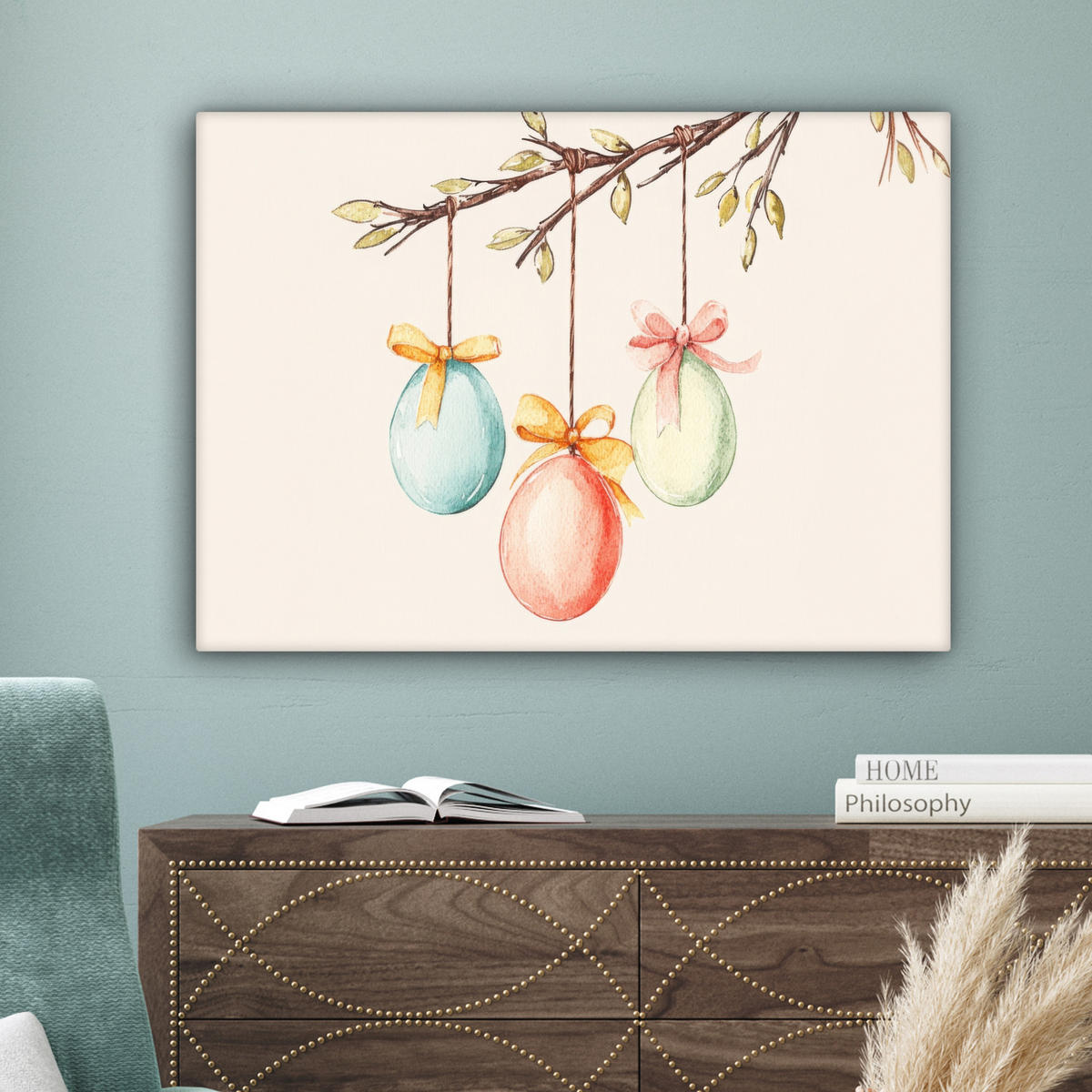 LEINWANDBILD Osterkuchen - Schleife - Eier Wandbilder 80x60 cm - Creme, Textil (80/60cm) - MuchoWow