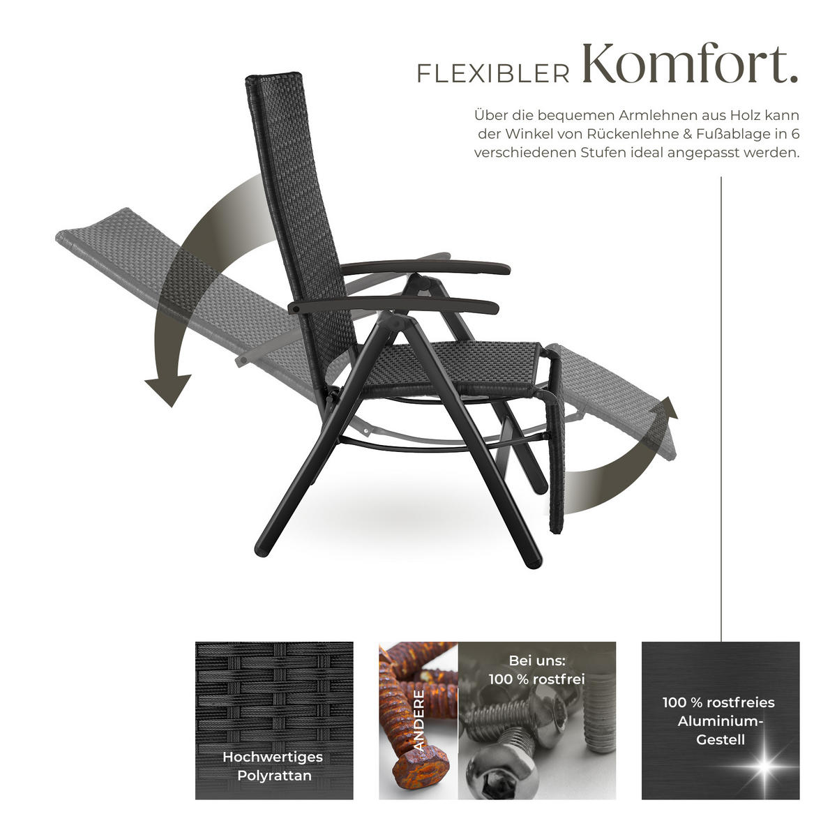 RATTANSTUHL Brisbane ,58 x 77 x 113 cm,schwarz - Schwarz, Kunststoff (58/113/77cm) - tectake