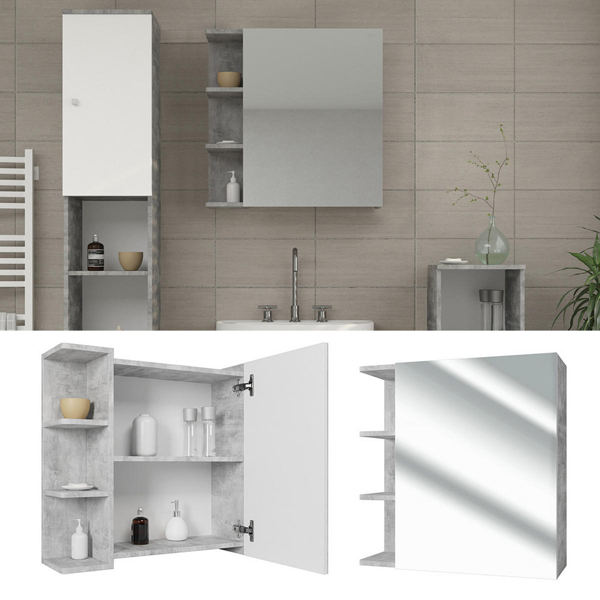 BADSPIEGELSCHRANK Fynn Beton 62 x 64 cm - Schieferfarben/Grau, Holzwerkstoff (62/64/20.8cm) - Vicco