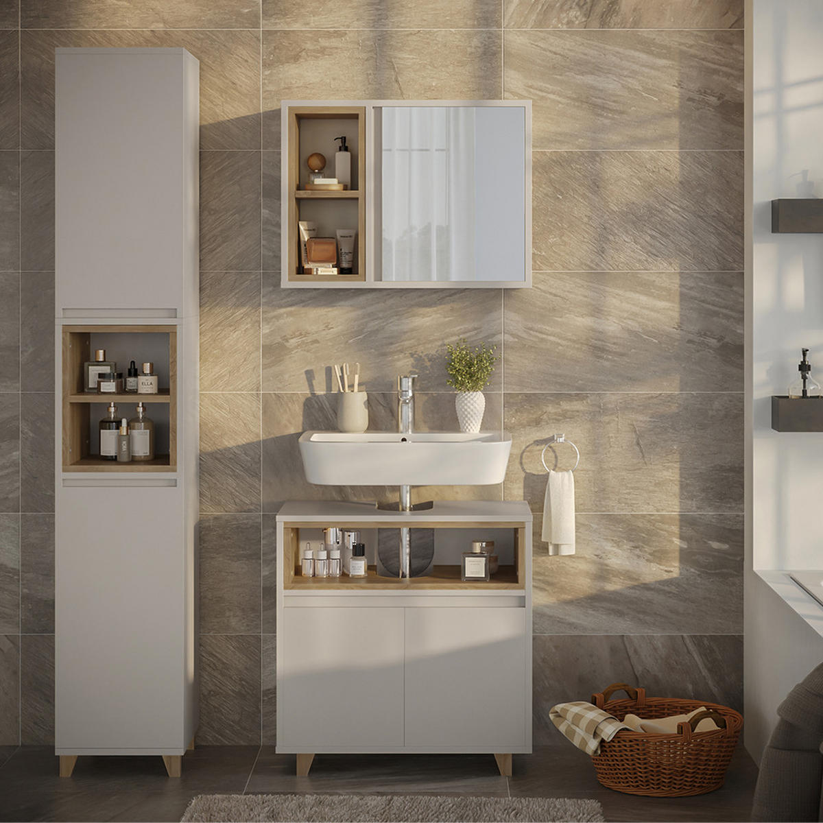 BADMÖBEL-SET Elnor Greige 3 Teile mit Hochschrank - Greige, Holzwerkstoff (60/61/30cm) - Vicco