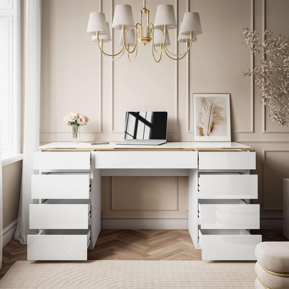 SCHREIBTISCH AURORA DOUBLE GOLD mit Schubladen - Weiß, Holzwerkstoff (55/156.8/79.2cm) - Lookway