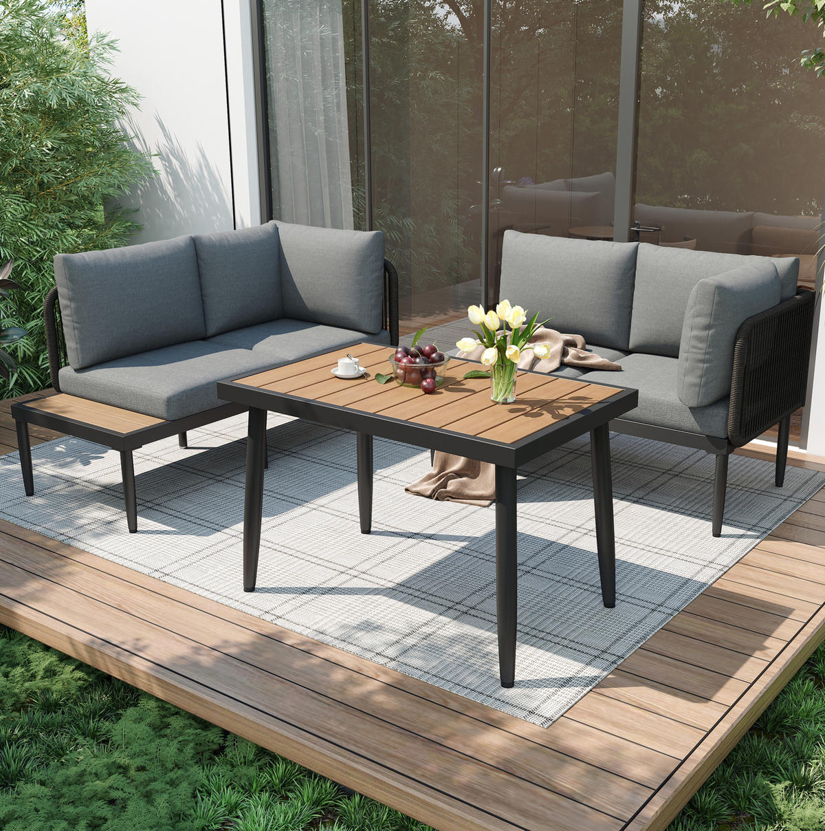GARTEN-ESSGRUPPE 178/139/68 cm grau aus Olefin und verzinktem Stahl mit Ecksofa und Esstisch - Grau, Metall - OKWISH