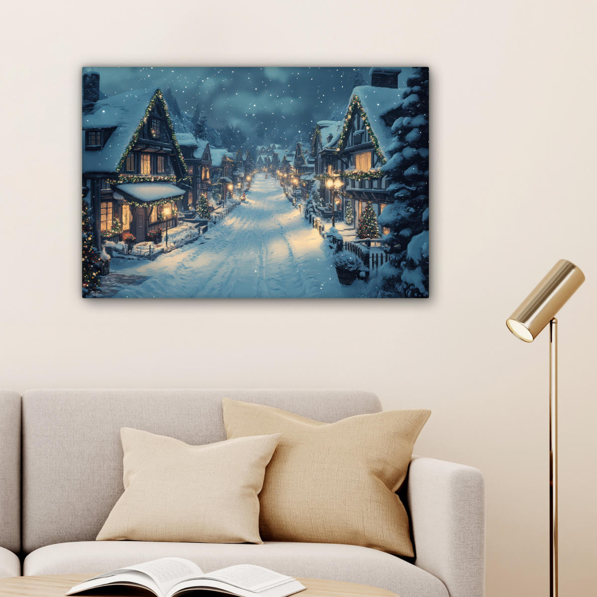 LEINWANDBILD Weihnachtsdorf - Weihnachten - Schnee - Winter Wanddeko 90x60 cm - Dunkelblau, Textil (90/60cm) - MuchoWow