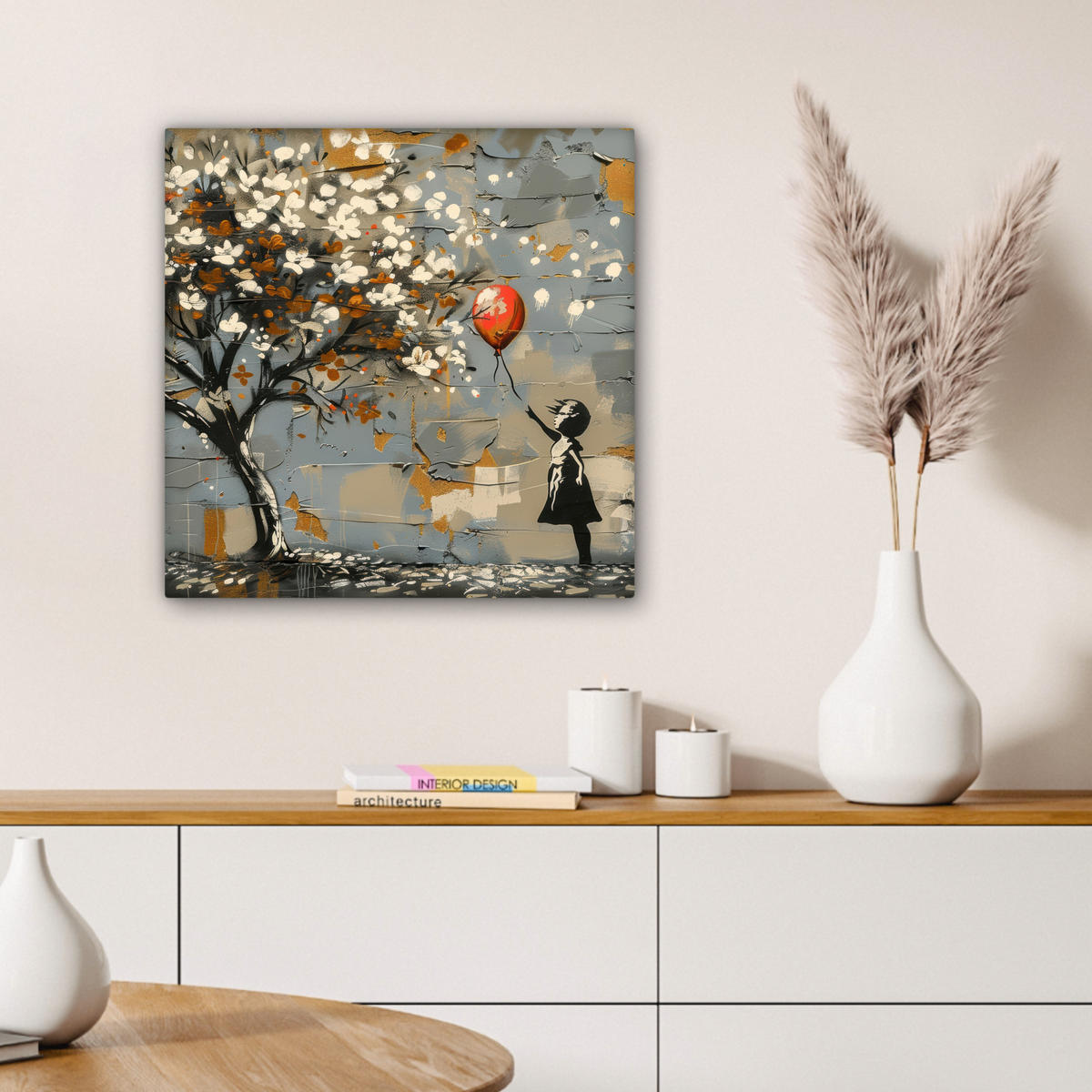 OBRAZ NA PLÁTNĚ Strom - Graffiti - Banksy styl - Dívka s balónkem 50x50 cm - šedohnědá, textil (50/50cm) - MuchoWow